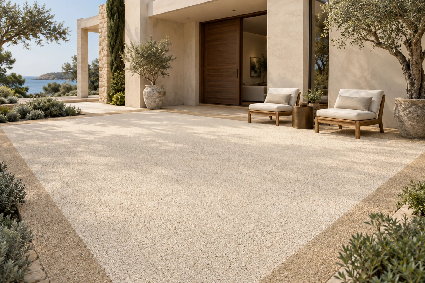 Terrasse en moquette de pierre PIETRORA de LITORRA, ivoire bordé de sable