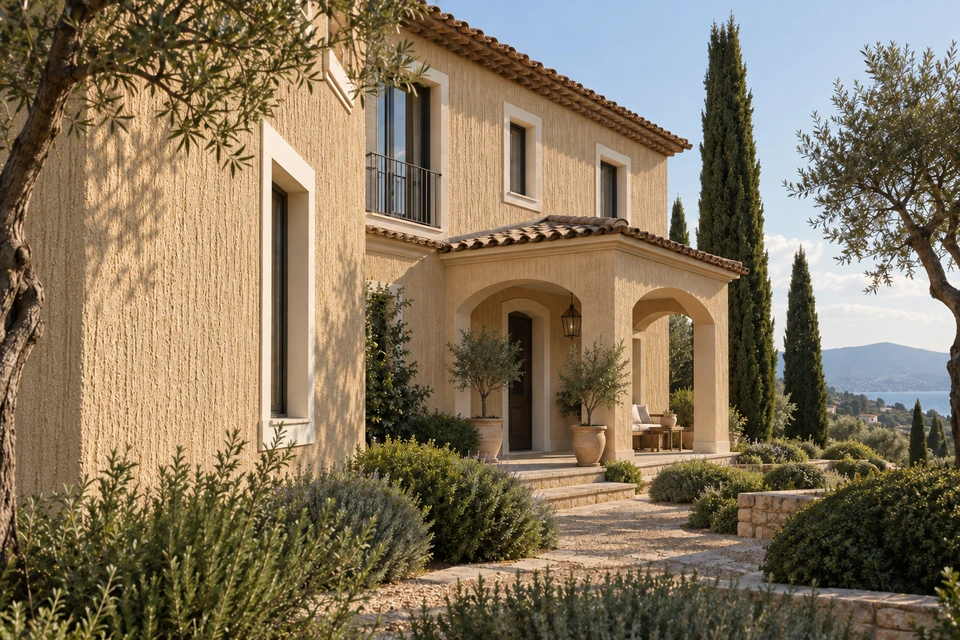 Façade villa en enduit GRAFFIORA de LITORRA, relief griffé ivoire sable sous le soleil